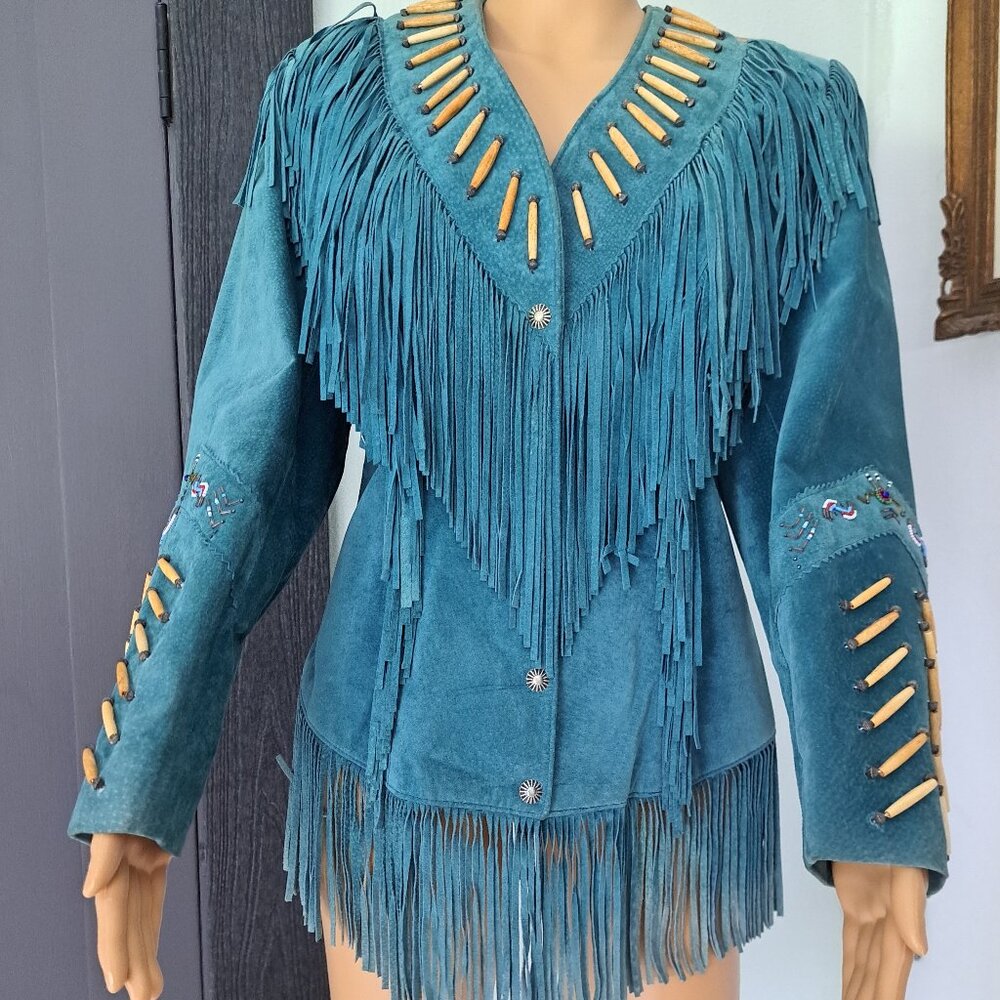 Cowgirl Core Tony Lama Teal Suede Western Jacket Beads Fringe VTG RARE
